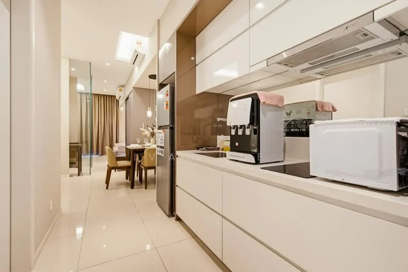 Kitchen features: white glossy cabinetry, brown accent cabinetry, stainless-steel fridge, built-in oven, ceramic cooktop, white countertop, single-bowl stainless-steel sink, chrome pull-down faucet, microwave, water dispenser, tile flooring, recessed downlights, wall-mounted split AC; style: modern.