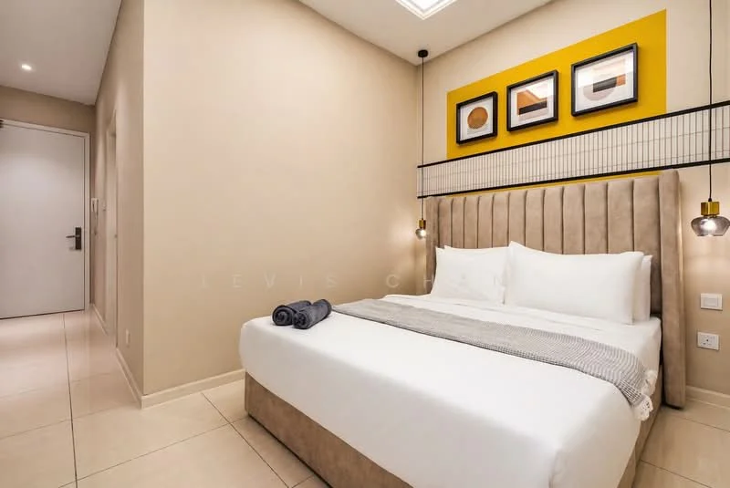 Bedroom features: queen-size bed with upholstered headboard, white bedding, grey throw blanket, two bedside lamps, framed artwork on wall, cream painted walls, tile flooring, recessed ceiling lights, built-in wardrobe, decorative wall grid; style: modern.