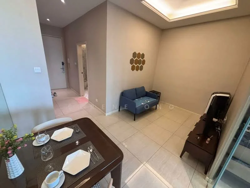 Living features: light beige painted walls, white ceiling with recessed lighting, large floor tiles, blue fabric sofa, wooden coffee table, decorative wall art, dining table with place settings, open layout, sliding glass door, natural light from windows; style: modern.