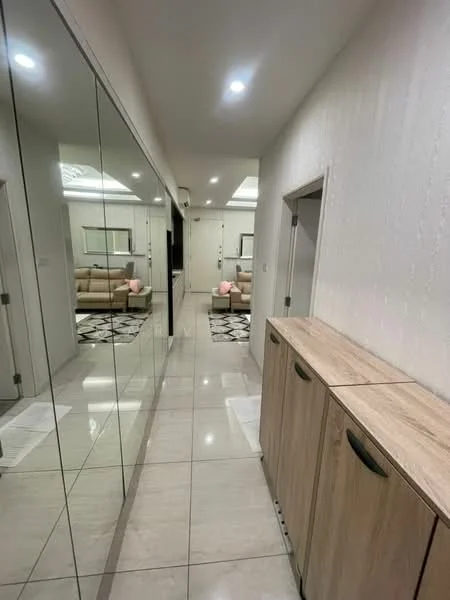 Hallway features: mirrored wall, white painted walls, tile flooring, recessed downlights, wooden console cabinet with handles, area rug, sofa visible in background, decorative cushions on sofa; style: modern.