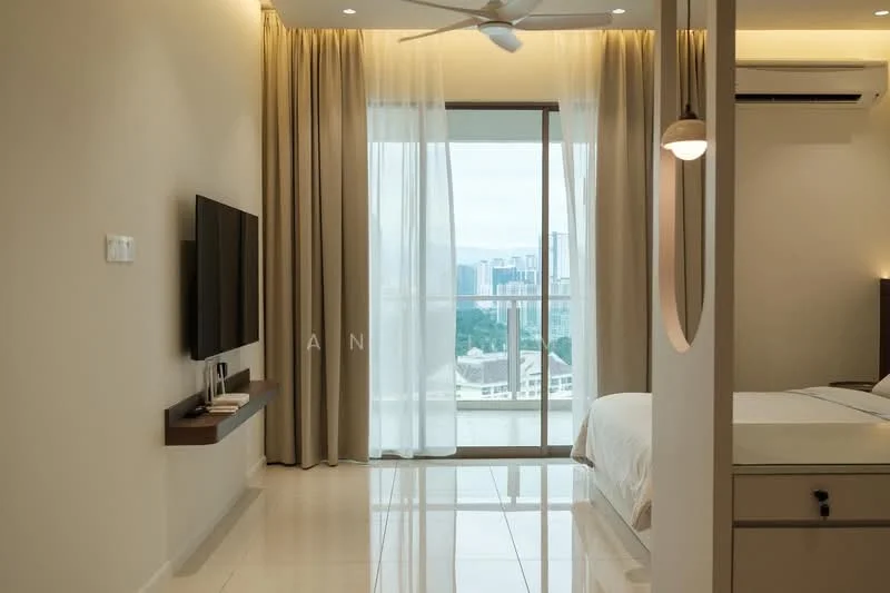 Bedroom features: floor-to-ceiling windows, sheer curtains, 3-blade ceiling fan, wall-mounted TV, light-colored walls, glossy tile flooring, bedside table, bed with light-colored bedding, built-in wardrobe; style: modern; view: city.