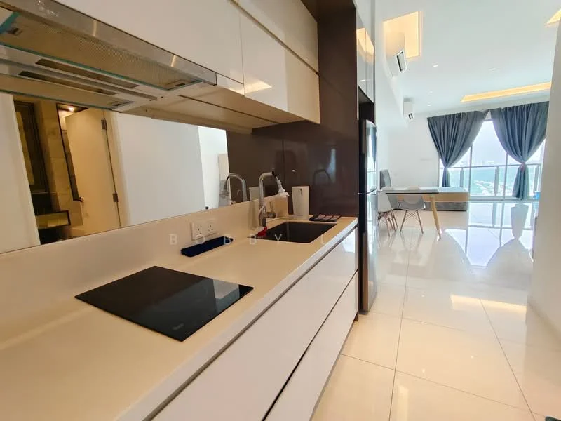 Kitchen features: white cabinetry, black countertop, built-in oven, induction cooktop, stainless-steel sink, chrome pull-down faucet, recessed downlights, marble tile flooring, mirror backsplash, open shelving, wall-mounted range hood, floor-to-ceiling windows, curtains, dining area visible in background; style: modern; view: city.