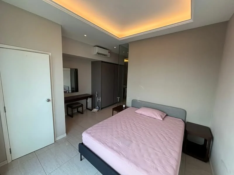 Bedroom features: queen-size bed with pink bedding, light grey upholstered bed frame, white painted walls, tile flooring, recessed ceiling with warm LED lighting, built-in wardrobe with sliding doors, wooden bedside table, mirror on dresser, wall-mounted air conditioning unit; style: modern.