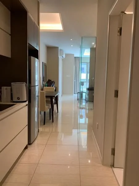 Room features: glossy marble tile flooring, white painted walls, recessed ceiling lights, built-in cabinetry, stainless-steel fridge, dining table with chairs, floor-to-ceiling windows, sheer curtains, open layout, air conditioning unit; style: modern.