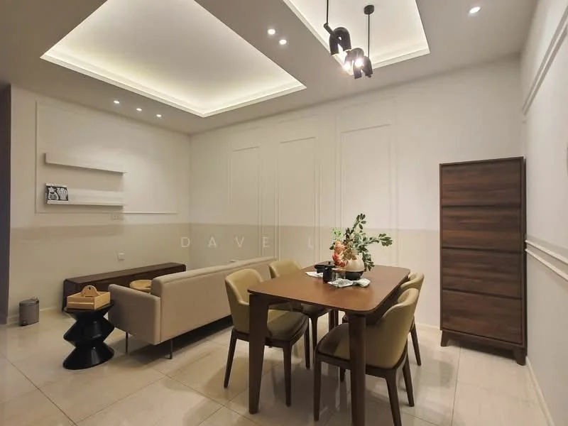 Dining features: rectangular dining table, 4 upholstered dining chairs, wooden sideboard, 3-blade ceiling fan with light, recessed downlights, cream painted walls, marble tile flooring, decorative wall paneling, potted plant on table, framed artwork on wall; style: modern. Living features: 3-seater fabric sofa in beige, black side table, recessed ceiling with cove lighting, cream painted walls, marble tile flooring; style: modern.