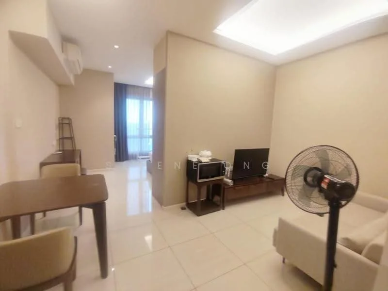 Living features: cream painted walls, glossy tile flooring, recessed ceiling lights, floor-to-ceiling windows, curtains, sofa, coffee table, TV console, wall-mounted TV, ceiling fan, dining table with chairs, side table; style: modern; view: city.
