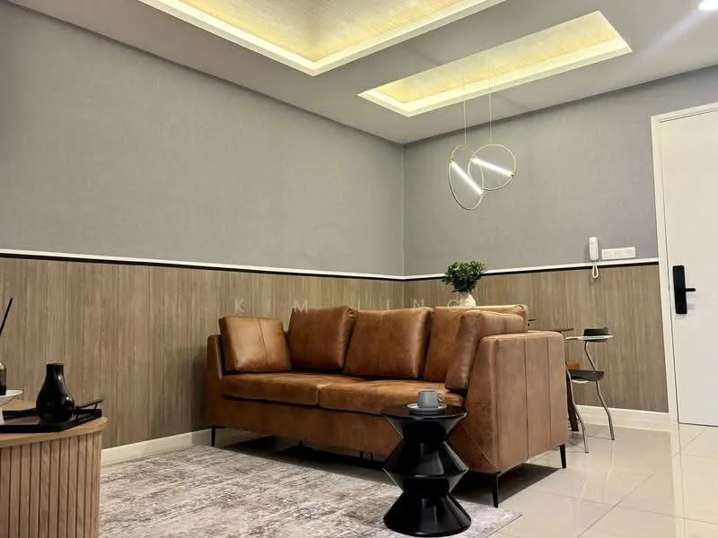 Living features: brown leather sofa, round black side table, white area rug with geometric pattern, wooden accent wall, grey painted walls, tray ceiling with recessed lighting, pendant light fixture, small round dining table, decorative plant in pot, wall-mounted intercom, white door with black handle; style: modern.
