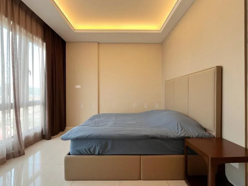 Bedroom features: king-size bed with upholstered headboard, grey bedding, nightstand, floor-to-ceiling windows, sheer curtains, recessed ceiling lights, cream painted walls, glossy tile flooring; style: modern; view: city.