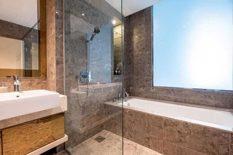 Bathroom features: double-sink vanity with wood cabinet, chrome basin mixer faucet, framed mirror, freestanding bathtub, walk-in shower with glass enclosure, rain shower head, tile cladding on walls, marble flooring, recessed downlights; style: modern.