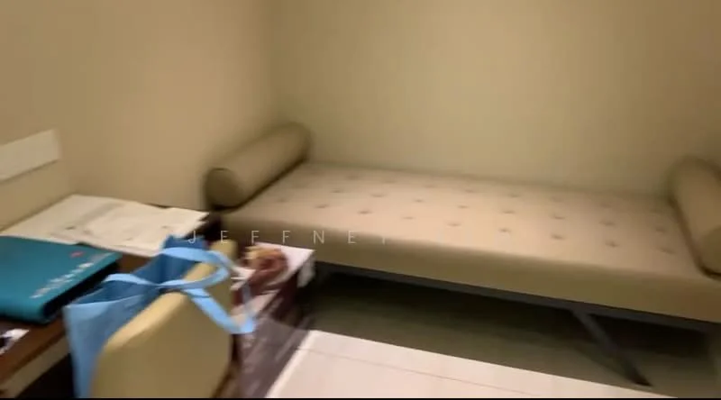 Room features: beige upholstered bench, white walls, tile flooring, wooden table, documents and papers on table, blue tote bag, decorative items on table; style: modern.