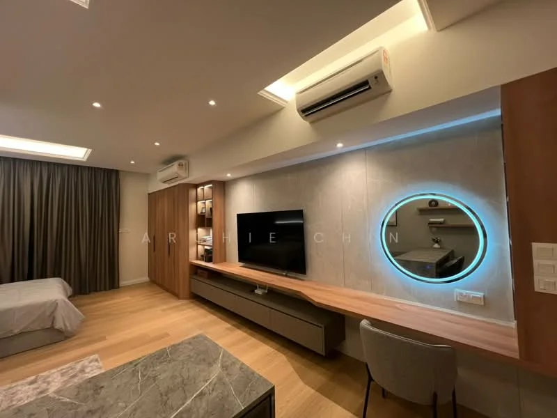 Living features: wooden flooring, grey accent wall, built-in cabinetry, wall-mounted TV, round mirror, LED strip lighting, recessed downlights, 2 wall-mounted split ACs, sofa, coffee table, decorative elements on shelves; style: modern.