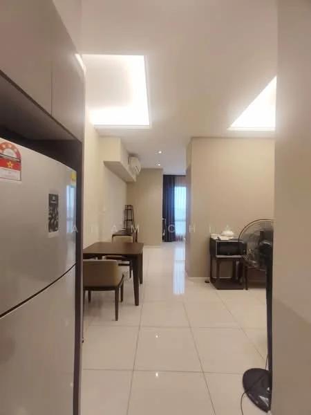 Room features: white painted walls, glossy tile flooring, recessed downlights, air conditioning unit, dining table with chairs, fridge, window with curtains, ceiling fan, open layout, neutral color palette; style: modern.