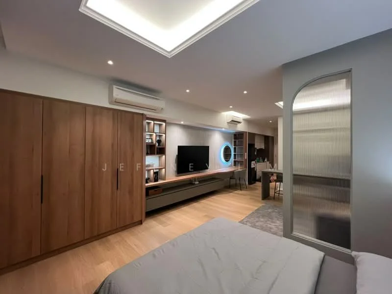 Bedroom features: king-size bed with grey bedding, wooden wardrobe with sliding doors, wall-mounted TV, built-in shelving unit, recessed downlights, ceiling with tray design, light wood flooring, air conditioning unit, glass partition, study desk with chair; style: modern.
