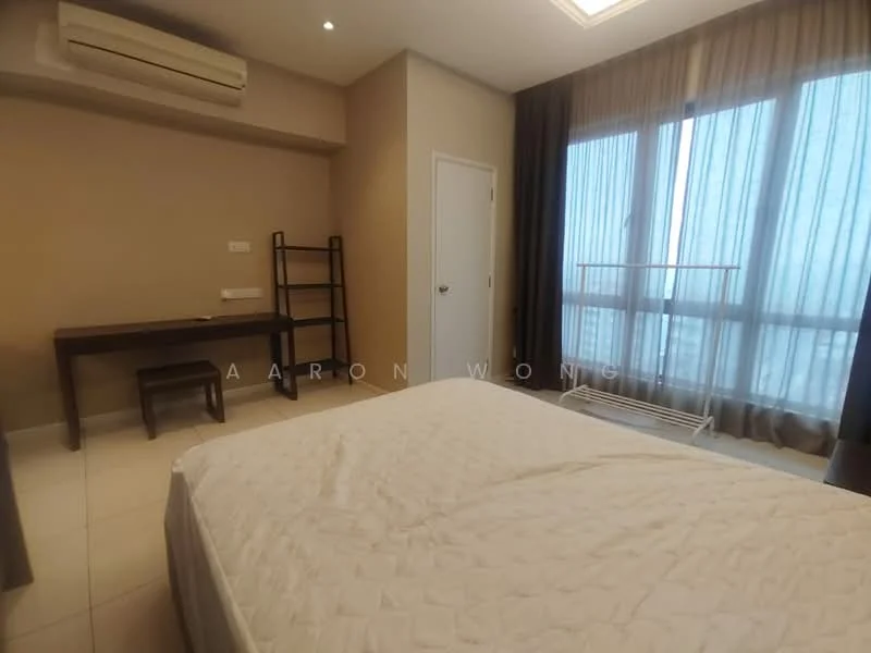 Bedroom features: queen-size bed, white bedspread, floor-to-ceiling windows, sheer curtains, light brown painted walls, tile flooring, wall-mounted split AC, study desk, wooden chair, white door, clothes drying rack; style: modern; view: city.