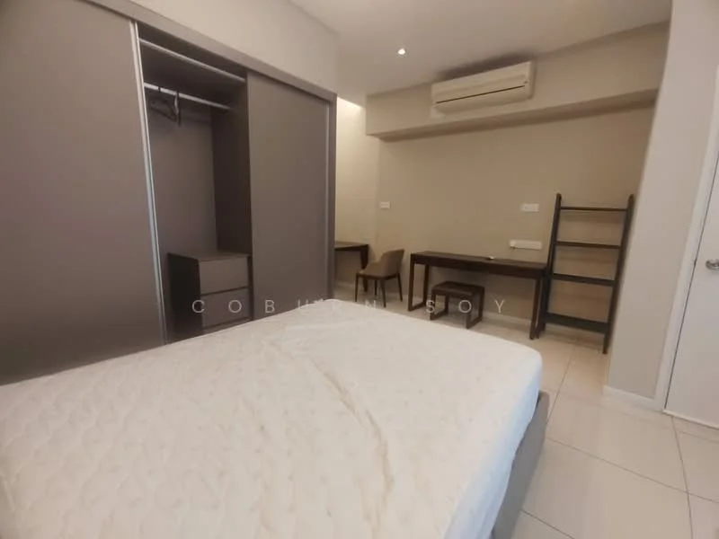 Bedroom features: queen-size bed, built-in wardrobe with sliding doors, study desk, chair, wall-mounted air conditioning unit, tile flooring, neutral wall color, window with natural light; style: modern.