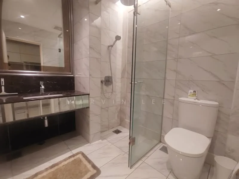 Bathroom features: marble tile flooring, white painted walls, glass shower enclosure, rain shower head, handheld shower, single-sink vanity with dark wood cabinet, chrome basin mixer, framed mirror, one-piece toilet, heated towel rail, tile cladding to ceiling; style: modern.