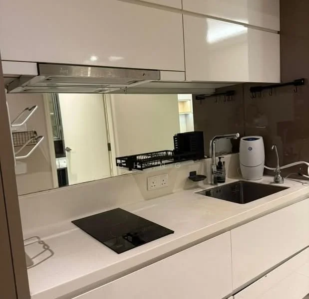 Kitchen features: white high-gloss cabinetry, marble countertop, single-bowl stainless-steel sink, chrome pull-down faucet, built-in stove with induction cooktop, exhaust hood, mirror backsplash, open shelving, kitchen utensils rack, wall-mounted storage hooks; style: modern.