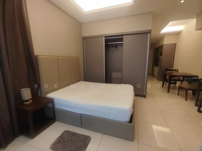 Bedroom features: queen-size bed, upholstered headboard, built-in wardrobe with sliding doors, wooden bedside table, table lamp, white walls, tile flooring, recessed ceiling lights, curtains, area rug; style: modern.