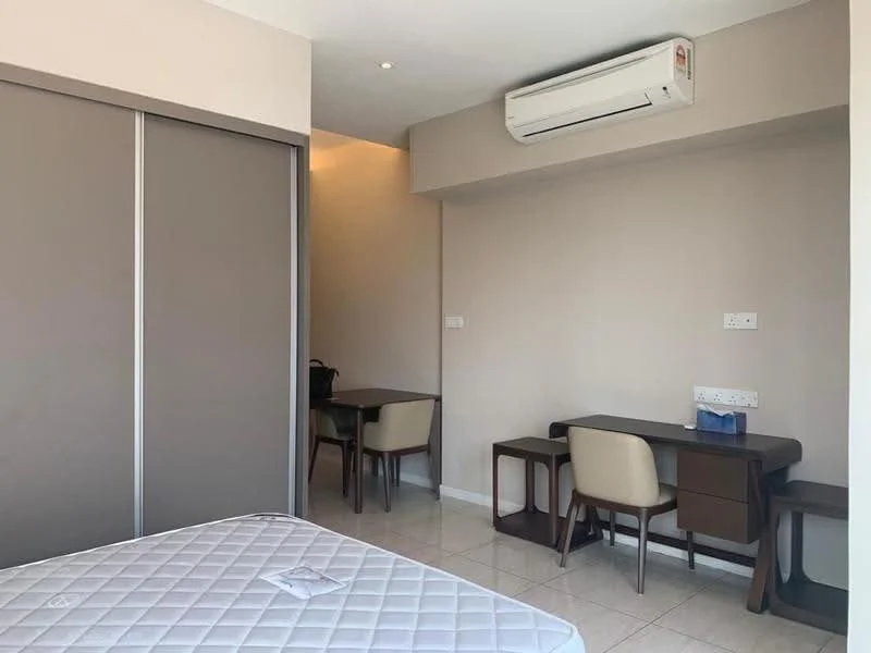 Bedroom features: queen-size bed, built-in wardrobe with sliding doors, 2 study desks, 2 chairs, wall-mounted air conditioning unit, tile flooring, neutral painted walls, recessed lighting; style: modern.
