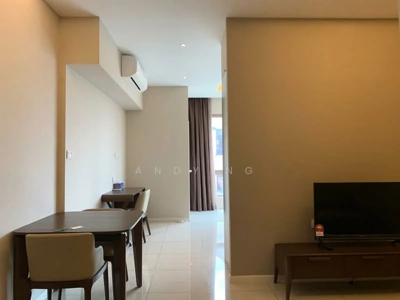Living features: white painted walls, cream tiled flooring, 5-blade ceiling fan with light, wall-mounted TV, TV console, dining table for two, two dining chairs, floor-to-ceiling windows with curtains, air conditioning unit; style: modern.