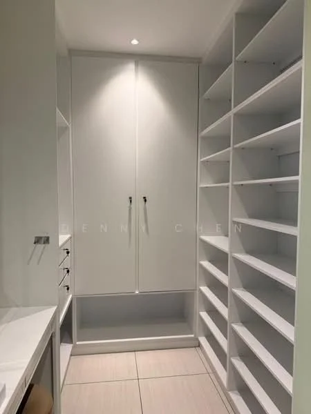 Room features: white built-in cabinetry, open shelving, drawer storage, light-colored tile flooring, recessed lighting, minimalist design, spacious layout; style: modern.