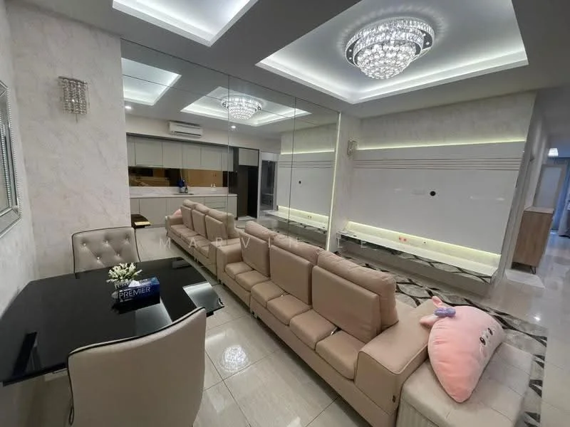 Living features: chandelier, recessed ceiling lights, mirrored wall, cream leather sectional sofa, black dining table, upholstered dining chairs, wall-mounted TV, light-colored tiled flooring, decorative wall paneling, air conditioning unit; style: modern.