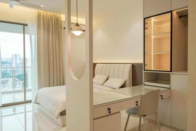 Bedroom features: king-size bed with upholstered headboard, white bedding, built-in wardrobe with glass shelves, study desk with chair, floor-to-ceiling windows, curtains, white painted walls, polished tile flooring, recessed lighting, ceiling fan with light; style: modern; view: city.