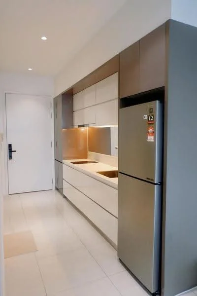 Kitchen features: white cabinetry with flat-panel design, grey upper cabinets, stainless-steel fridge, single-bowl stainless-steel sink, chrome pull-down faucet, quartz countertop, tile backsplash, recessed LED downlights, white tiled flooring, wall-mounted cabinet, built-in oven, open shelving; style: modern.