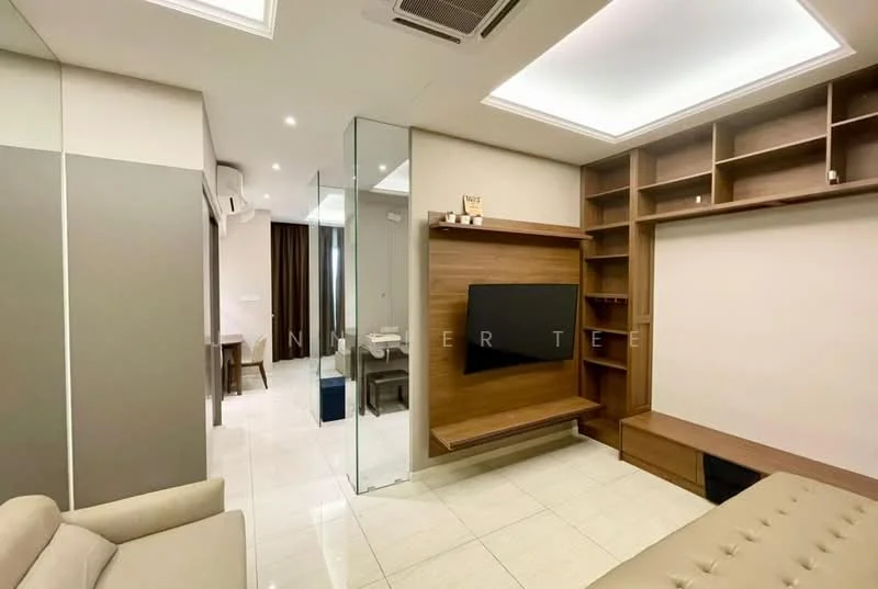 Living features: cream painted walls, white ceiling with recessed lighting, tile flooring, built-in wooden TV console, wall-mounted TV, glass partition, sofa in beige, open shelving unit, air conditioning unit; style: modern.