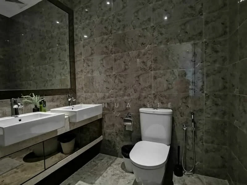 Bathroom features: double-sink vanity with white cabinets, chrome basin mixers, framed mirror, one-piece toilet, bidet spray, walk-in shower with glass enclosure, grey marble tile flooring, grey marble wall cladding, recessed downlights, plant in ceramic pot, toilet paper holder, towel rack; style: modern.