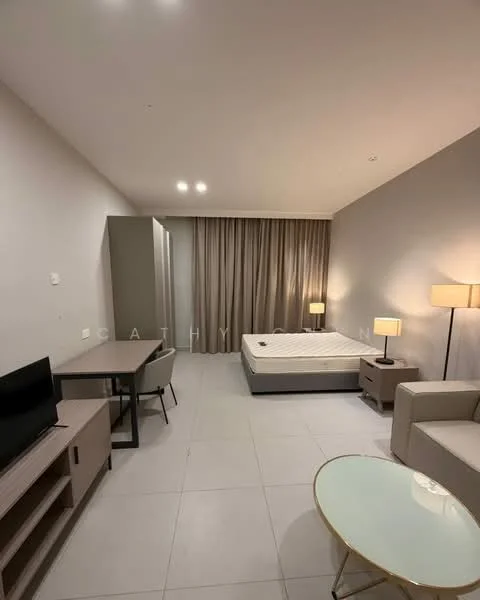 Room features: grey painted walls, tile flooring, recessed downlights, floor-to-ceiling curtains, queen-size bed, upholstered headboard, 2 bedside lamps, sofa, coffee table, TV console, wall-mounted TV, study desk; style: modern.