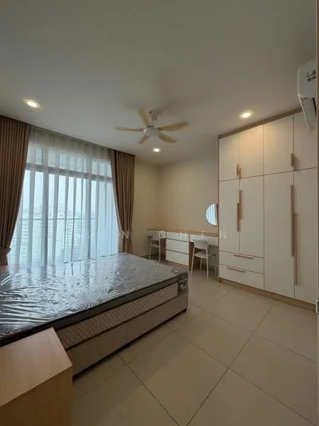 Bedroom features: queen-size bed, upholstered headboard, 2 bedside tables, built-in wardrobe with sliding doors, study desk with chair, floor-to-ceiling windows, curtains, ceiling fan, wall-mounted air conditioning unit, tile flooring, neutral wall color, round mirror; style: modern; view: city.