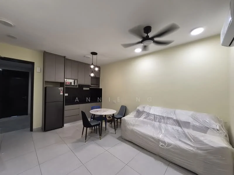Living features: 5-blade ceiling fan with light, recessed LED downlights, grey sofa covered with protective wrap, round dining table, 4 dining chairs, white tiled flooring, cream painted walls, kitchen cabinetry with grey finish, stainless-steel fridge, built-in kitchen cabinets, microwave, open layout; style: modern.