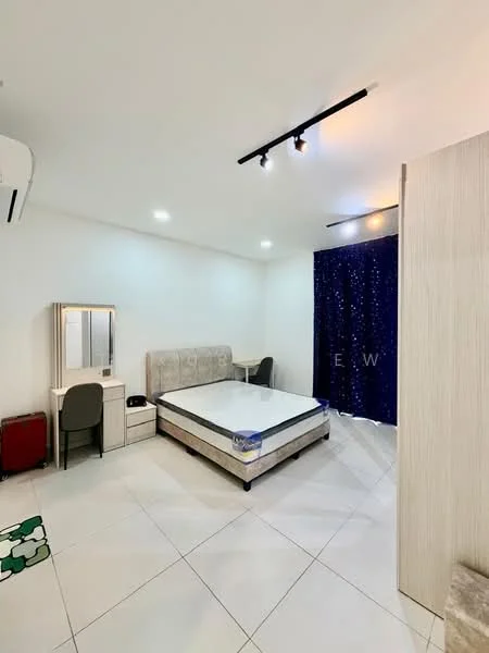 Bedroom features: queen-size bed, upholstered headboard, white painted walls, tile flooring, 5-blade ceiling fan with light, recessed LED downlights, dressing table with mirror, study desk, curtains, air conditioning unit, built-in wardrobe, decorative wall with starry curtain; style: modern.