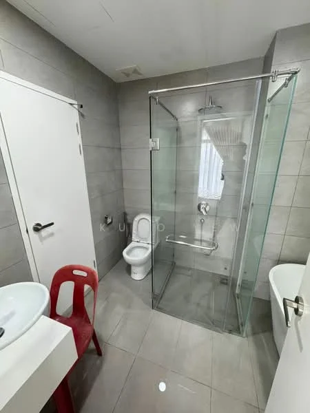 Bathroom features: grey tiled walls, grey tiled flooring, glass shower enclosure, rain shower head, chrome wall-mounted faucet, white sink with pedestal, toilet, white door, window with sheer curtains, mirror above sink; style: modern.