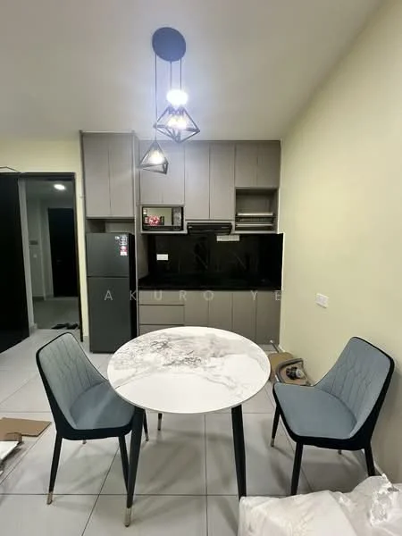 Kitchen features: marble dining table, 2 upholstered dining chairs in blue, grey cabinetry, black countertop, built-in oven, stainless-steel fridge, black backsplash, pendant lighting, white walls, tile flooring; style: modern.