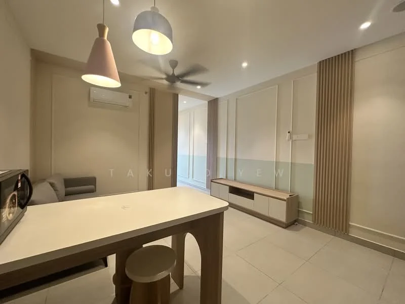 Living features: light grey fabric sofa, white painted walls, light wood cabinetry, recessed downlights, 5-blade ceiling fan, pendant lighting with pink and beige shades, TV console with storage, tile flooring, air conditioning unit; style: modern.