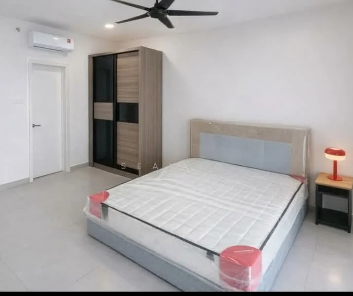 Bedroom features: queen-size bed with mattress protector, upholstered headboard, nightstand with lamp, built-in wardrobe with sliding doors, white painted walls, grey tiled flooring, 1 wall-mounted split AC, ceiling fan, door to hallway; style: modern.