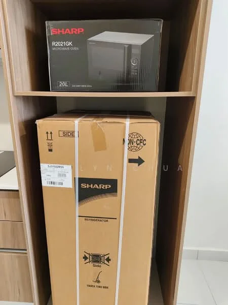 Room features: microwave oven, refrigerator in box, wooden shelving unit, white tiled flooring, neutral wall color; style: modern.