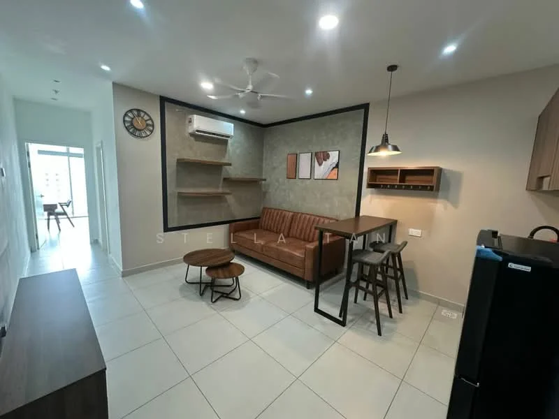 Living features: 3-seater brown leather sofa, wooden coffee table, 2 wooden bar stools, wall-mounted shelves, recessed downlights, ceiling fan, air conditioning unit, wall art with geometric design, grey accent wall, white tiled flooring, black frame around the room, large glass door leading to balcony; style: modern; view: city.