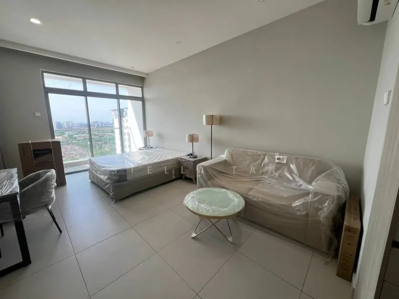 Living features: floor-to-ceiling windows, grey painted walls, tile flooring, 2-seater fabric sofa covered in plastic, coffee table, 2 bedside lamps, queen-size bed covered in plastic, dining table, air conditioning unit; style: modern; view: city.