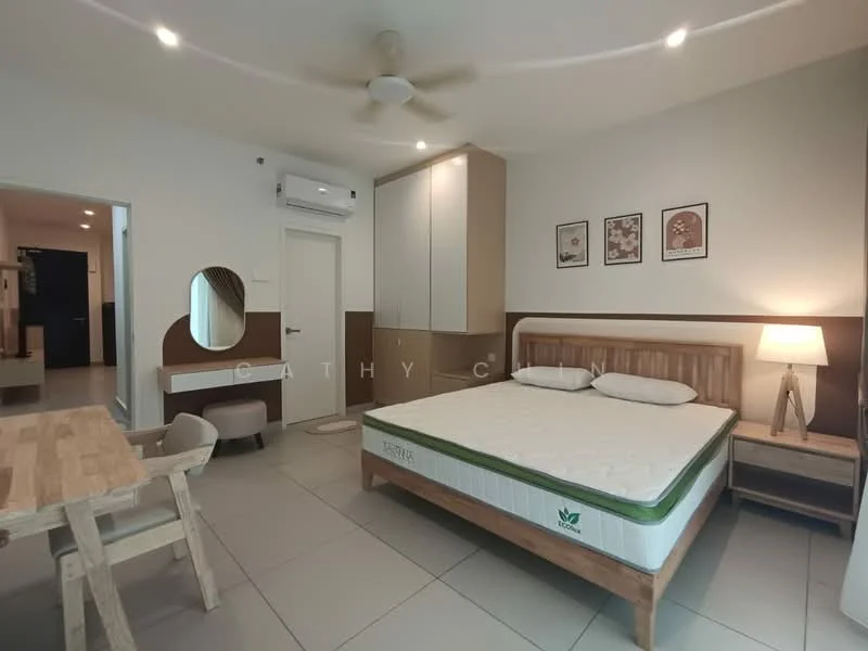 Bedroom features: queen-size bed, wooden bed frame, mattress, wooden bedside table, table lamp, wall-mounted mirror, built-in wardrobe with sliding doors, ceiling fan, air conditioning unit, tile flooring, decorative wall art, study desk, wooden dining table, 4 dining chairs; style: modern.