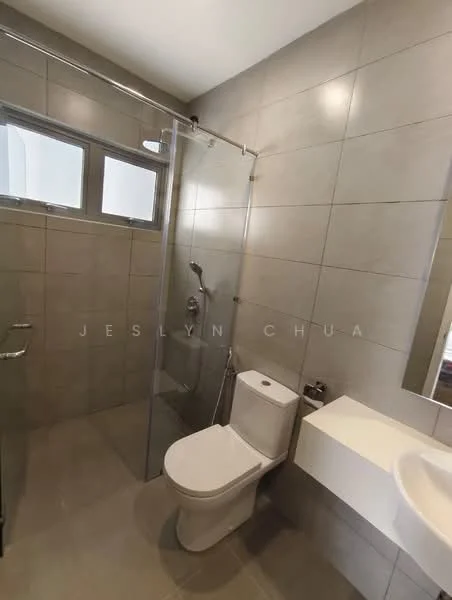 Bathroom features: glass shower enclosure, rain shower head, handheld shower, wall-mounted faucet, single-sink vanity with wall-mounted cabinet, one-piece toilet, grey tiled walls, grey tiled flooring, framed mirror; style: modern.