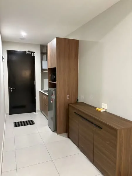 Kitchen features: white painted walls, light grey tiled flooring, wood cabinetry, built-in kitchen cabinet, stainless-steel fridge, microwave, countertop, black door, black mat, open shelving; style: modern.