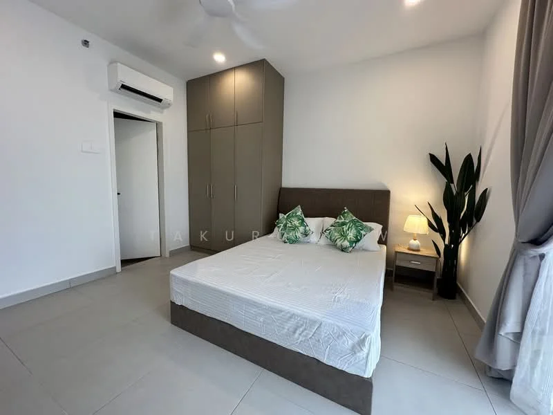 Bedroom features: queen-size bed, upholstered headboard, 2 decorative cushions with green pattern, nightstand with lamp, floor-to-ceiling window, curtains, built-in wardrobe with grey finish, wall-mounted split AC, light-colored tile flooring, potted plant; style: modern.
