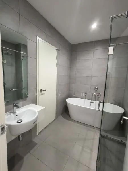 Bathroom features: freestanding bathtub, glass shower enclosure, chrome basin mixer faucet, wall-mounted sink, grey tiled walls, grey tiled flooring, recessed downlights, white door; style: modern.
