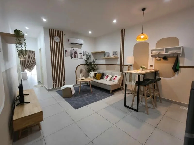 Living features: light grey tiled flooring, white painted walls, wooden accent wall with vertical stripes, sofa in light beige fabric, coffee table with wooden top, area rug in dark grey, wall-mounted TV, shelf unit with decorative items, pendant light fixture, floor-to-ceiling curtains, indoor plant, bar table with two stools, air conditioning unit on wall; style: modern.