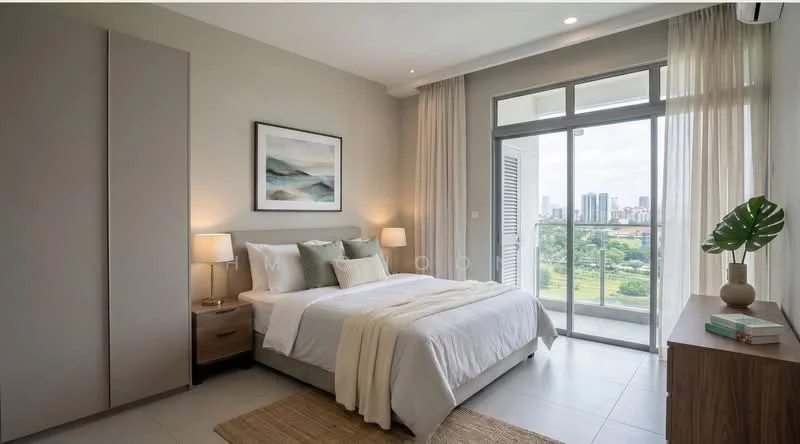 Bedroom features: queen-size bed with white bedding, upholstered headboard, two bedside lamps with white shades, wooden nightstand, large window with sliding door, floor-to-ceiling curtains, light grey accent wall, built-in wardrobe with sliding doors, decorative artwork on wall, area rug with natural fibers, plant in ceramic pot, air conditioning unit on wall; style: modern; view: city.