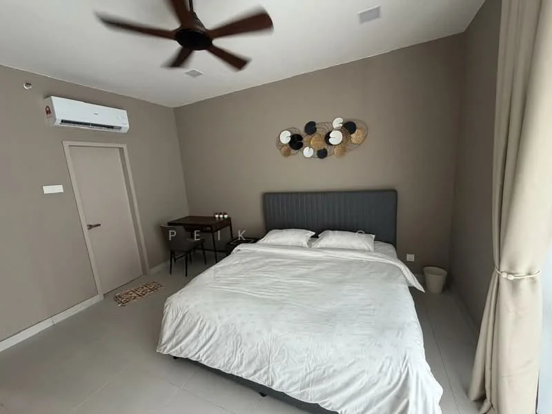 Bedroom features: king-size bed with grey upholstered headboard, white bedding, 2 bedside tables, 3-blade ceiling fan, wall-mounted air conditioning unit, light grey painted walls, tile flooring, decorative wall art, curtains, waste bin; style: modern.
