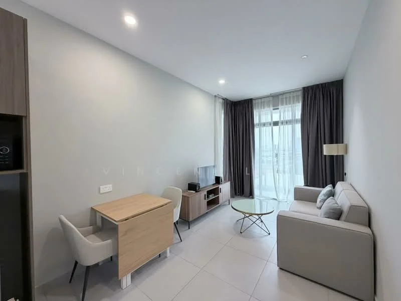 Living features: light grey sofa, glass coffee table, wooden dining table, two white upholstered chairs, TV console, wall-mounted TV, floor-to-ceiling windows, sheer curtains, grey curtains, neutral painted walls, tile flooring, recessed downlights; style: modern; view: city.
